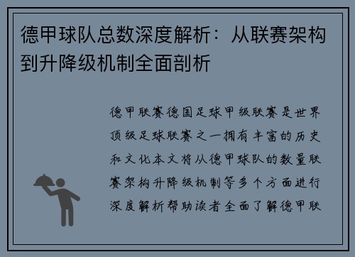 德甲球队总数深度解析：从联赛架构到升降级机制全面剖析