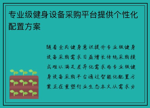 专业级健身设备采购平台提供个性化配置方案