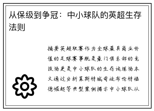从保级到争冠：中小球队的英超生存法则